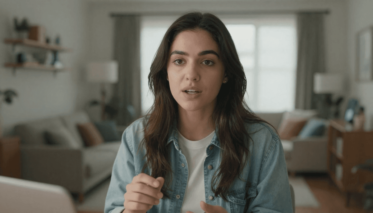 Young woman influencer talking to camera in modern apartment, natural lighting, casual outfit, authentic UGC style