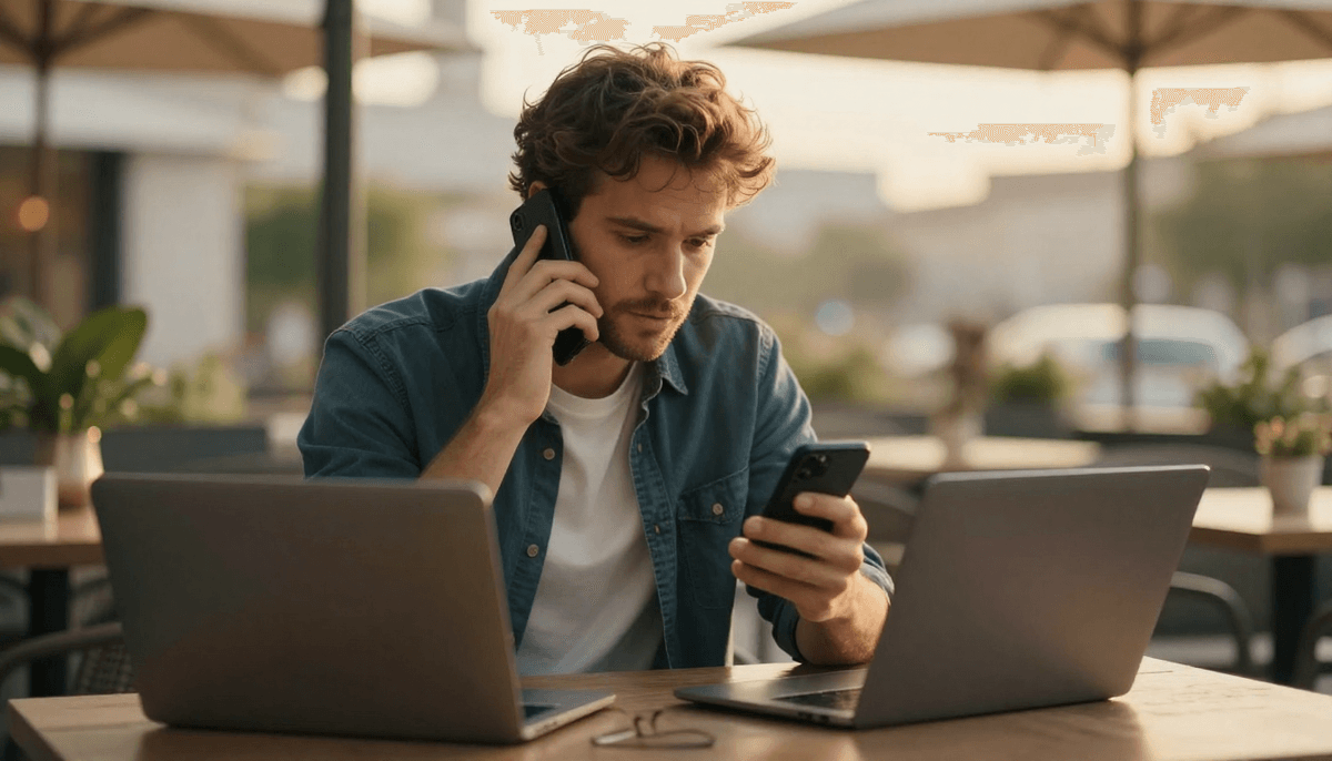 Male freelancer comparing arcads pricing options on phone, outdoor cafe terrace, golden hour lighting