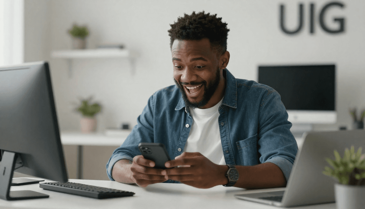 Black male tech enthusiast unboxing ugc video ads ai tool, clean desk setup, excited genuine reaction