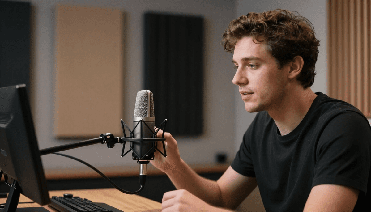 Male vlogger discussing ai actors trends, home studio with acoustic panels, professional microphone