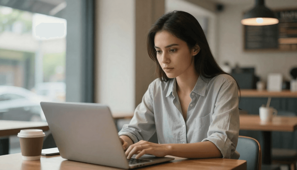 Female startup founder working on ai advertisement project in trendy cafe, natural daylight, determined expression