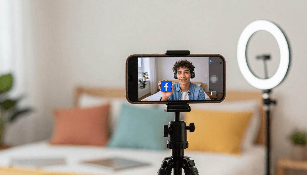 Gen Z influencer creating best online tool for creating engaging facebook video ads content with smartphone on tripod, colorful bedroom setup, ring light