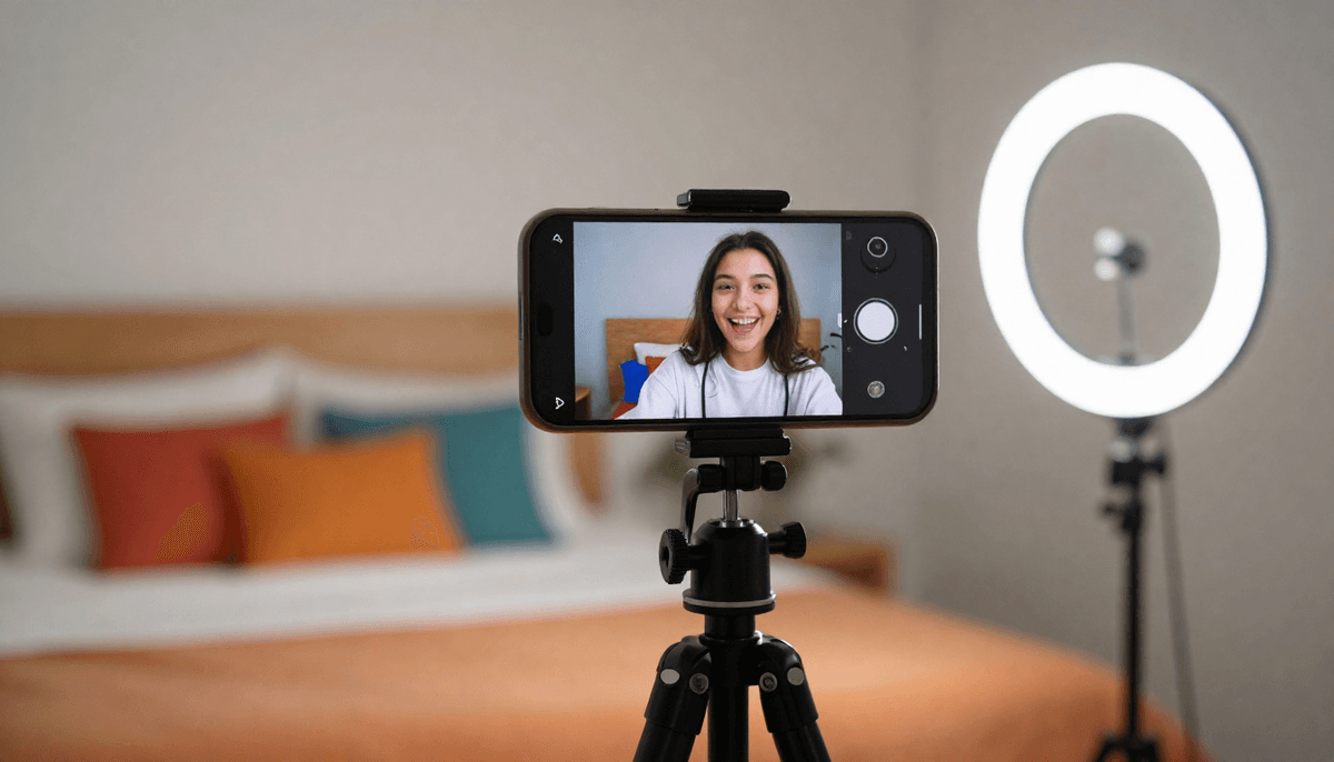Gen Z influencer creating best online tool for creating engaging facebook video ads content with smartphone on tripod, colorful bedroom setup, ring light
