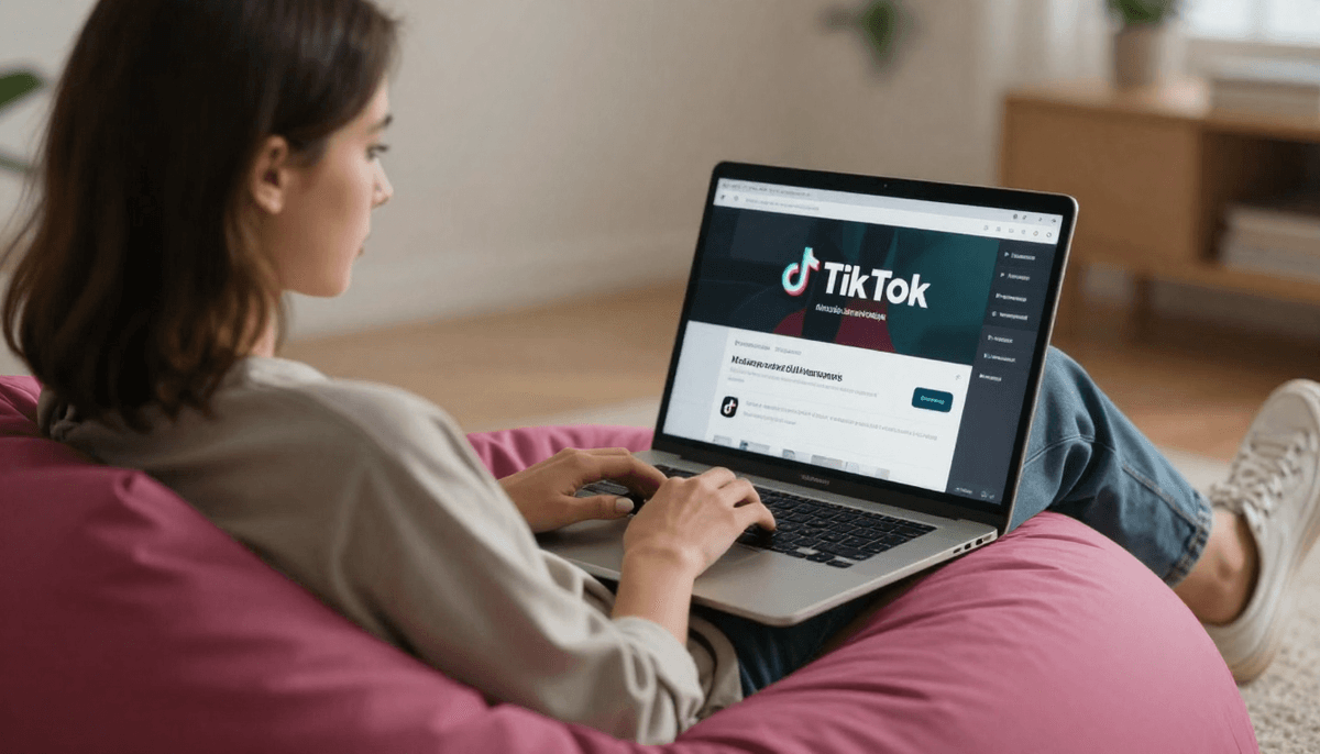 Female social media manager scheduling tiktok automation campaigns, laptop in beanbag chair, casual creative vibe