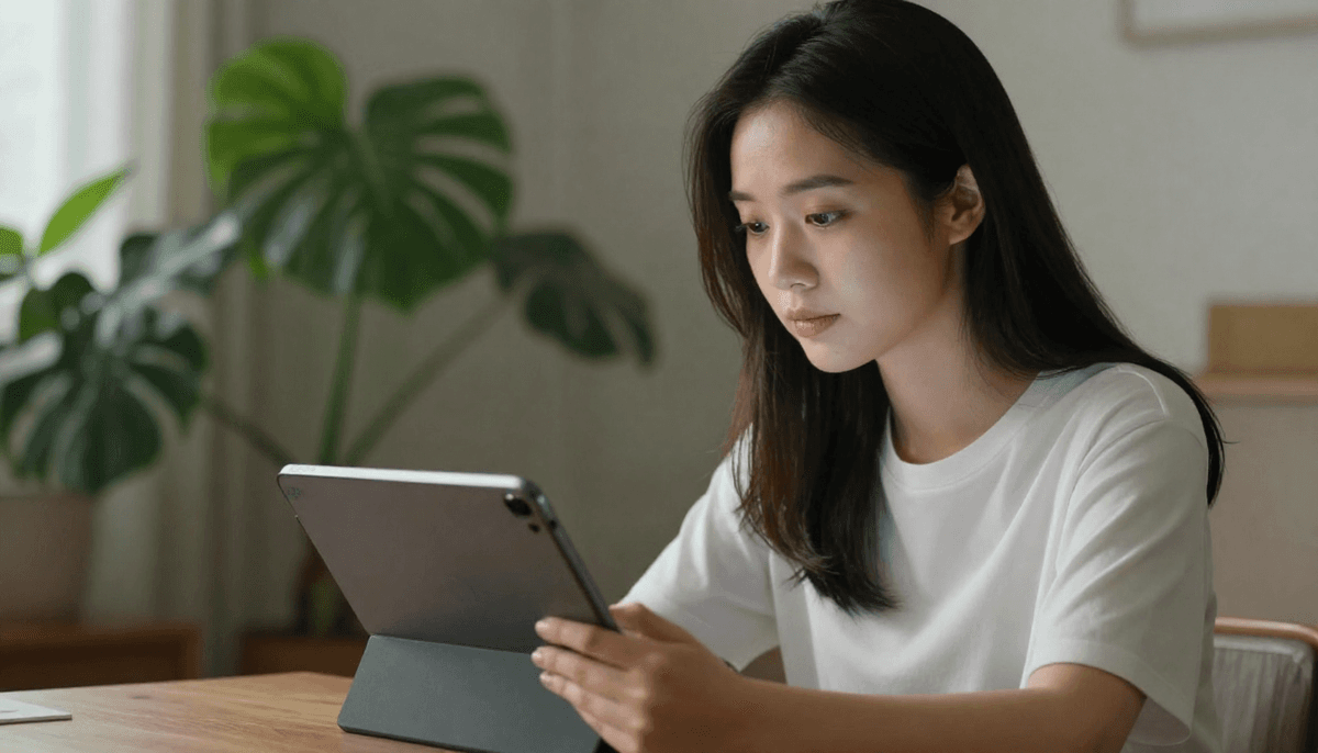 Young Asian woman testing arcads.ai platform on tablet, cozy home setting, plants in background