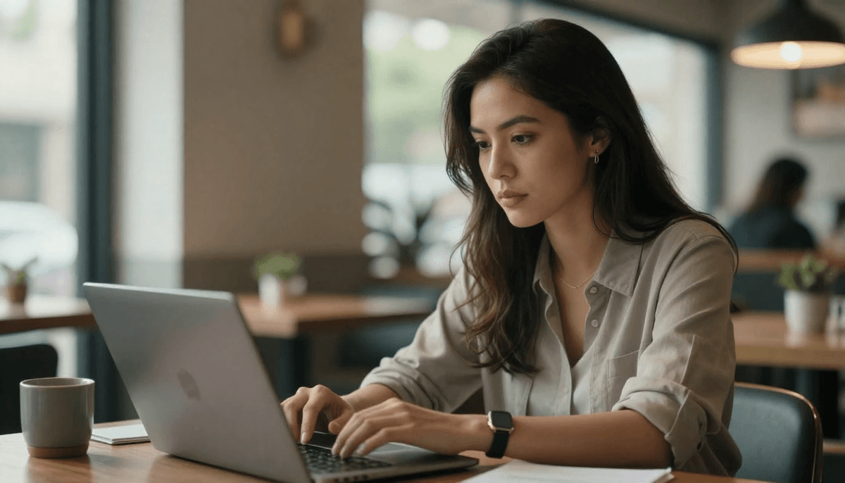 Female startup founder working on best ai-driven ugc video platforms for startups project in trendy cafe, natural daylight, determined expression