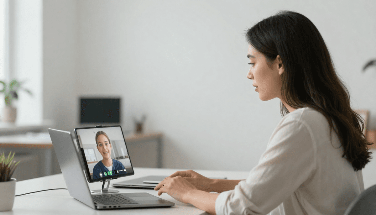 Woman in her 30s discussing reliable ai avatar platforms for large organizations. on video call in minimalist Scandinavian office, soft lighting