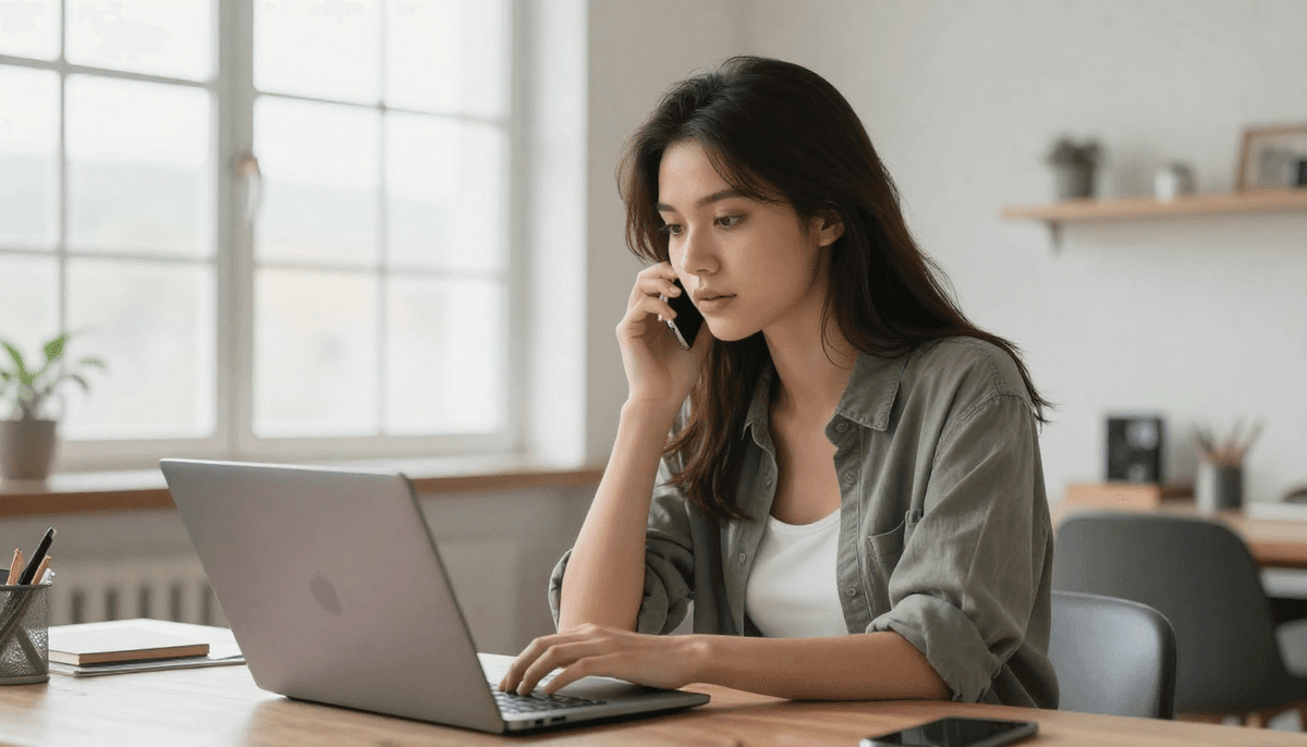 Young woman content creator reviewing ai ai captain on laptop in a bright modern loft, natural window light, casual stylish outfit
