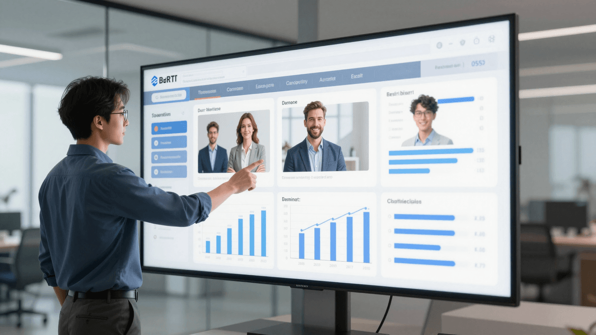 Marketing professional pointing at best ai to make characters realistic analytics dashboard on large screen, modern glass office