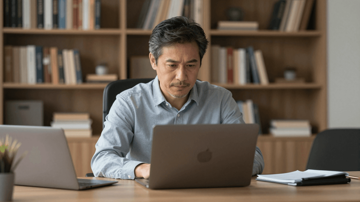 Middle-aged businessman evaluating make influencer ai ROI on laptop, executive home office, bookshelf background