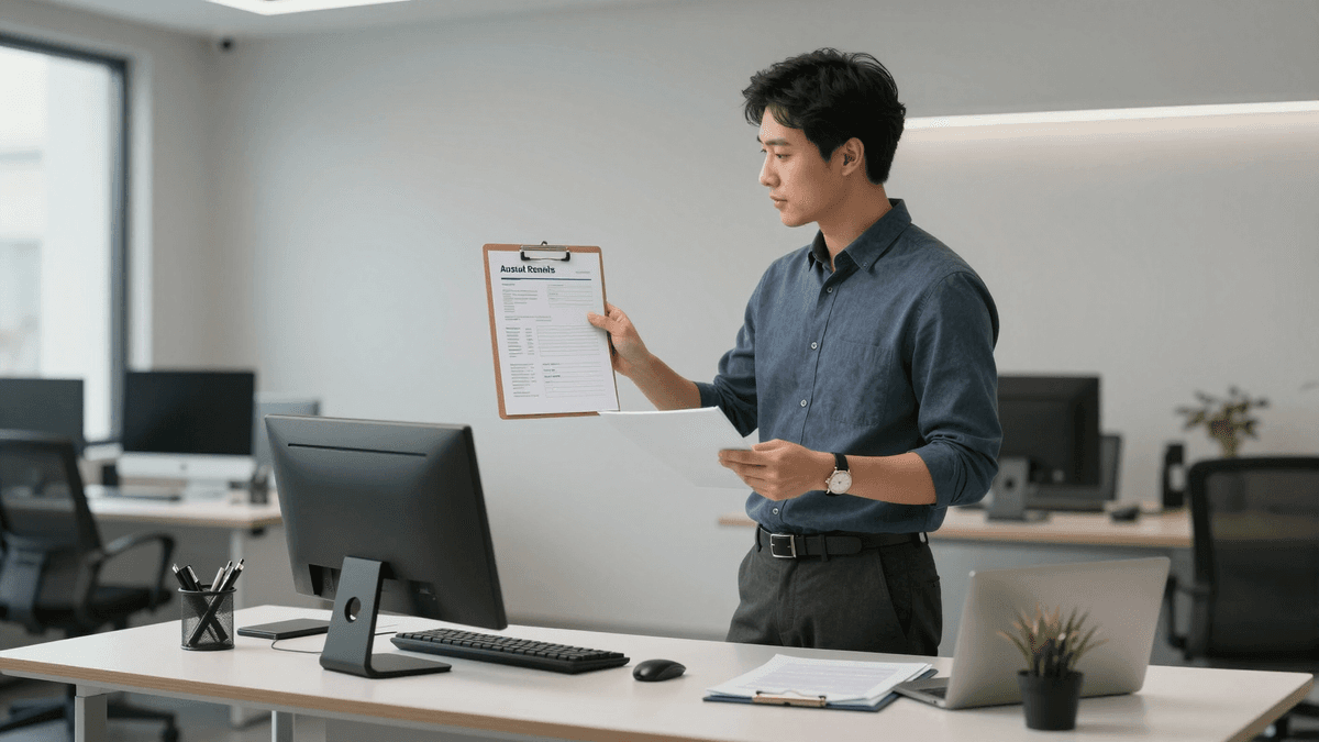 Male agency owner presenting ai commercial client results, standing desk setup, modern minimalist room