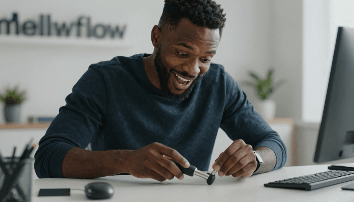 Black male tech enthusiast unboxing mellowflow tool, clean desk setup, excited genuine reaction