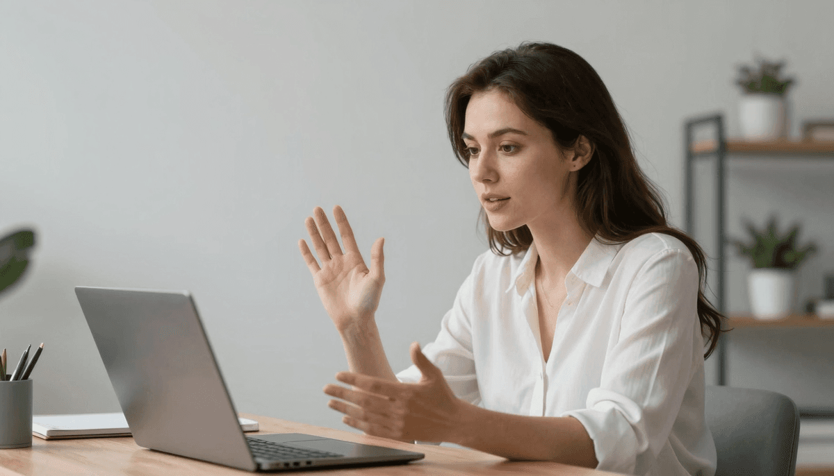 Woman in her 30s discussing arcid on video call in minimalist Scandinavian office, soft lighting