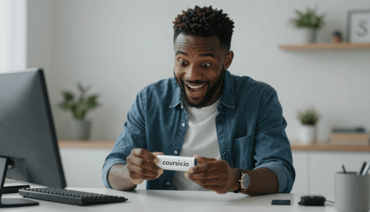 Black male tech enthusiast unboxing coursiv.io reviews tool, clean desk setup, excited genuine reaction