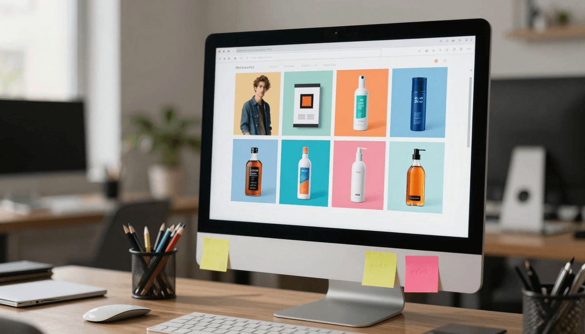 Young designer prototyping product ad visual content, iMac setup, colorful stickers on desk