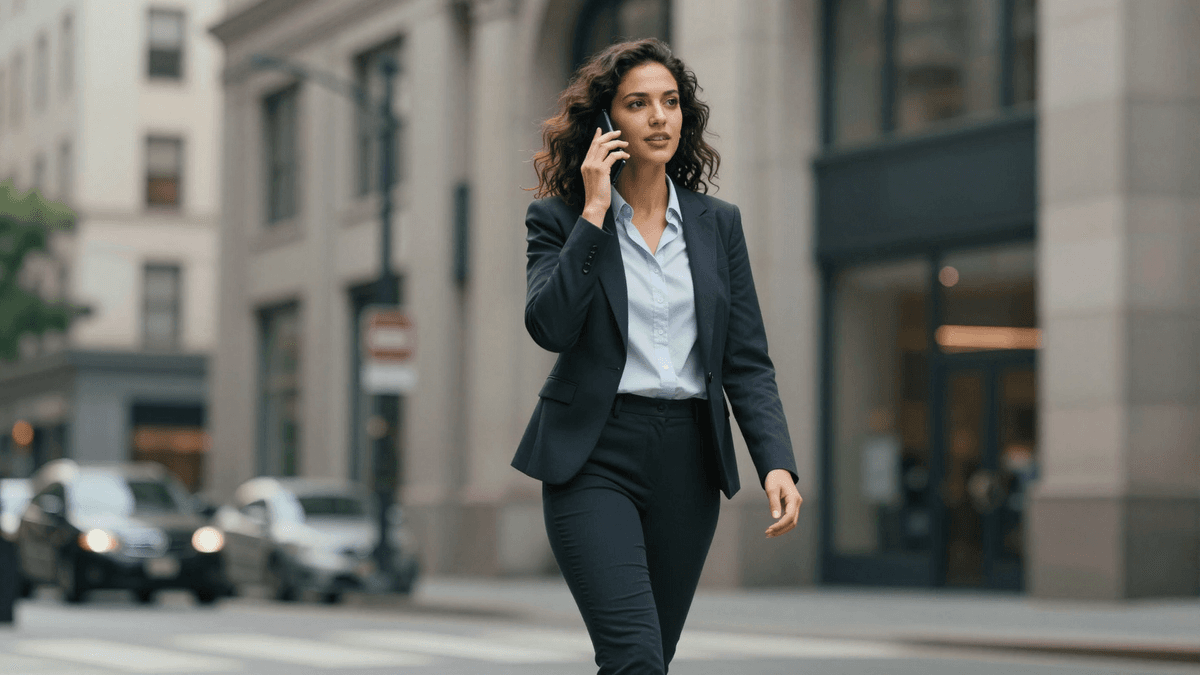 Business woman on phone discussing top ai platforms for creating ugc brand videos strategy, walking in urban downtown, confident stride
