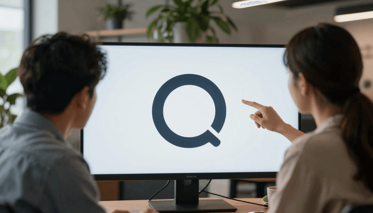 Creative team of two reviewing advertising icon output on shared screen, trendy office with plants