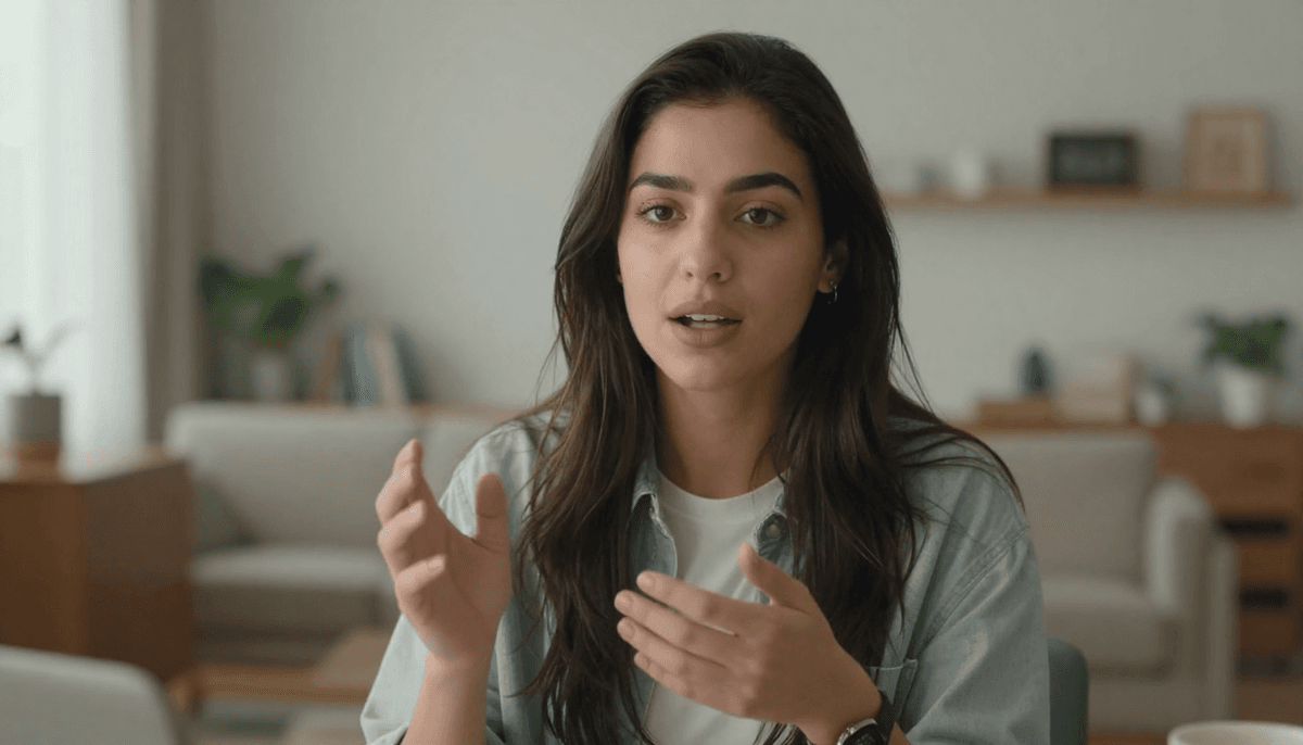 Young woman influencer talking to camera in modern apartment, natural lighting, casual outfit, authentic UGC style