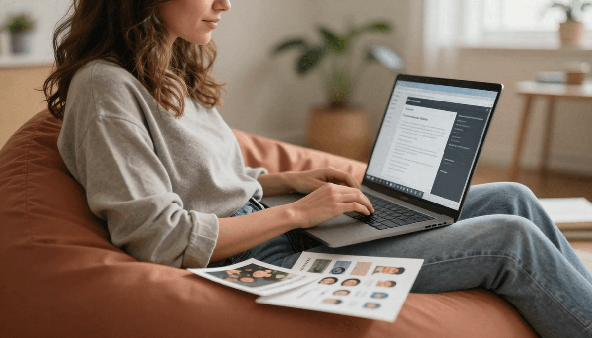 Female social media manager scheduling arcards campaigns, laptop in beanbag chair, casual creative vibe
