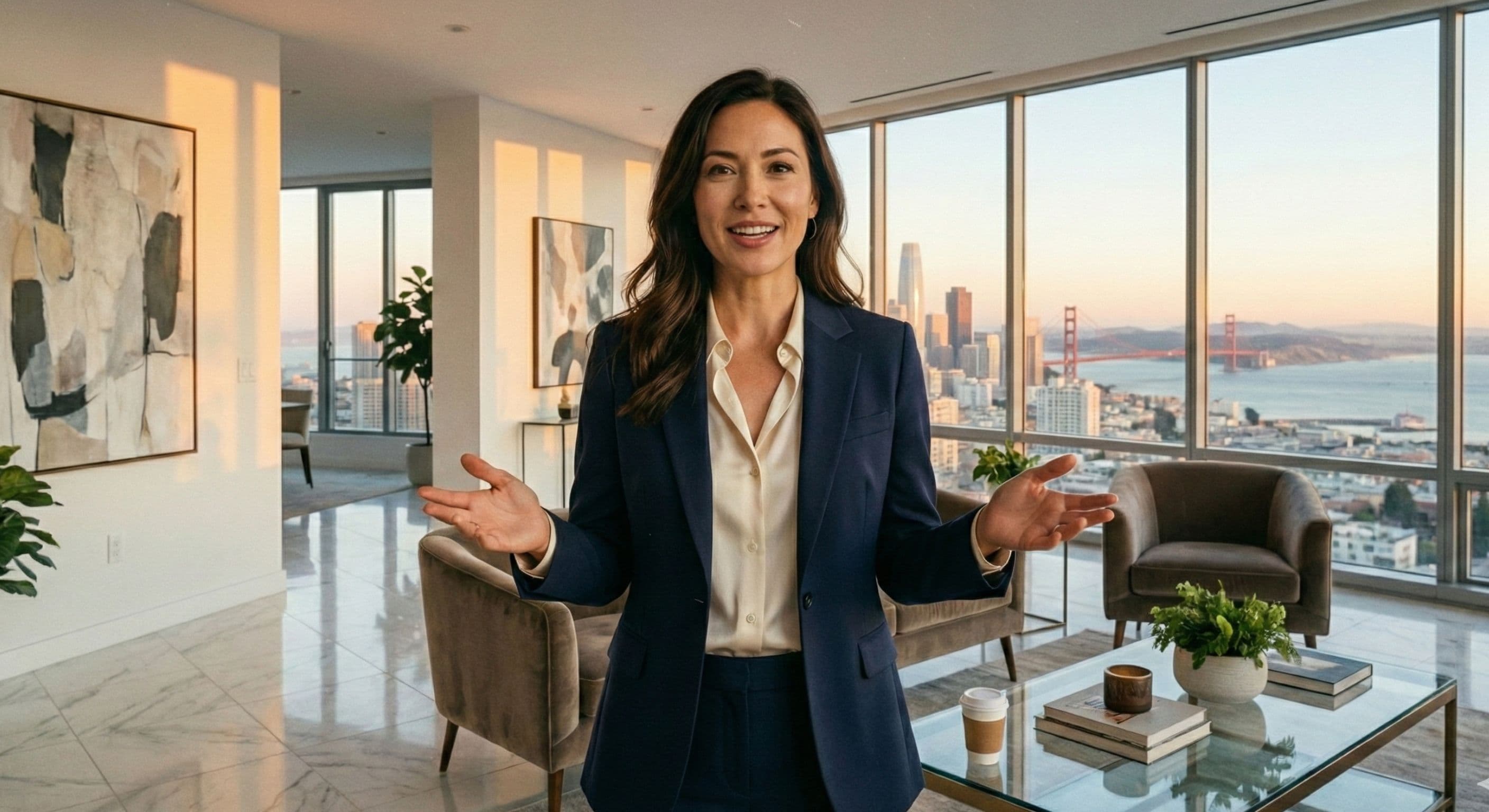 自信に満ちた不動産エージェントが物件動画マーケティングのプラットフォーム選択を説明