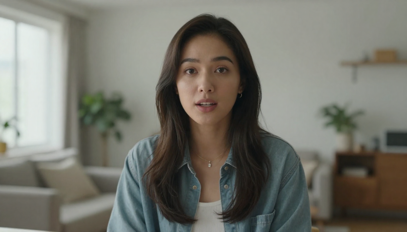 Young woman influencer talking to camera in modern apartment, natural lighting, casual outfit, authentic UGC style - arcads alternatives