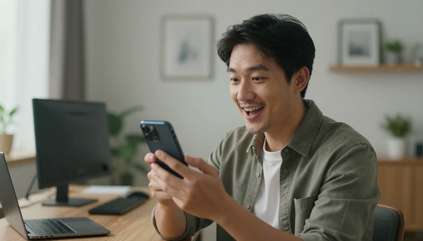 Male tech reviewer holding smartphone, professional home office background, enthusiastic expression, no text - arcads alternatives