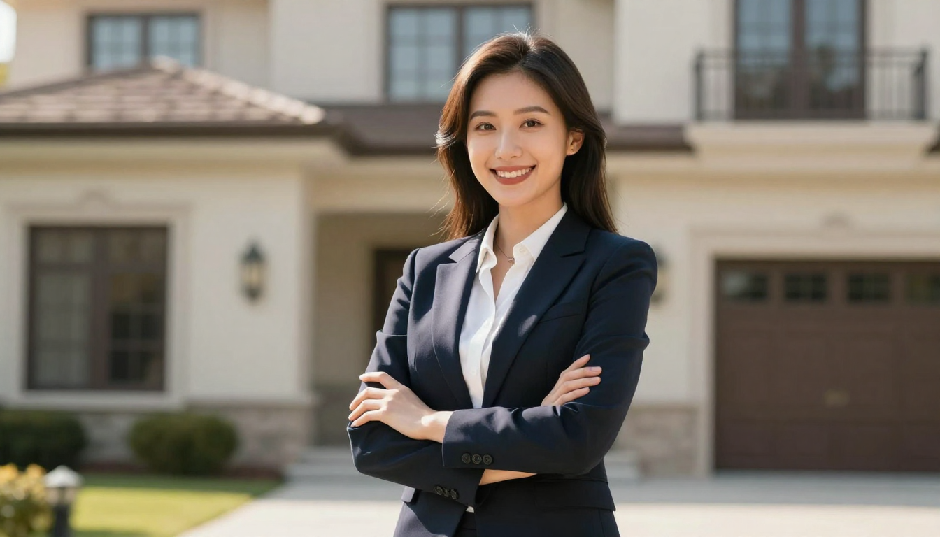 Real estate agent woman smiling in front of luxury house, professional attire, sunny day, confident pose - arcads alternatives