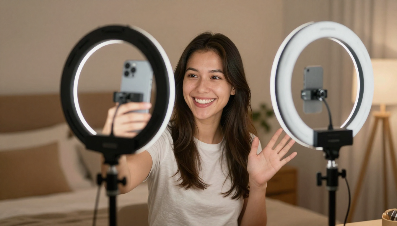 Lifestyle vlogger filming selfie video with ring light, cozy bedroom setup, warm tones, genuine smile - arcads alternatives