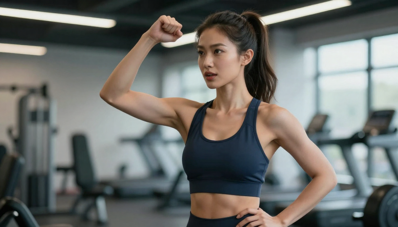 Female fitness influencer in workout clothes, gym background, motivational pose, energetic expression - arcads alternatives