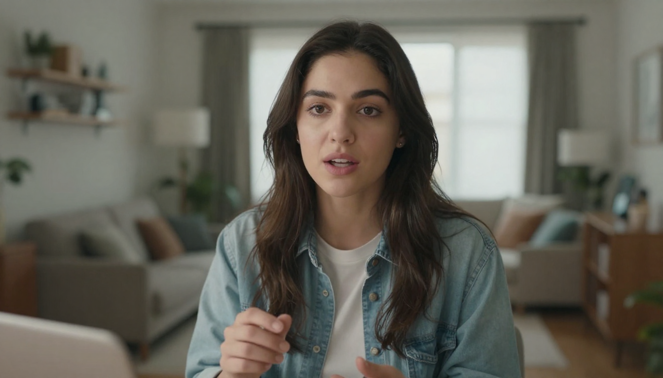 Young woman influencer talking to camera in modern apartment, natural lighting, casual outfit, authentic UGC style - ai ugc