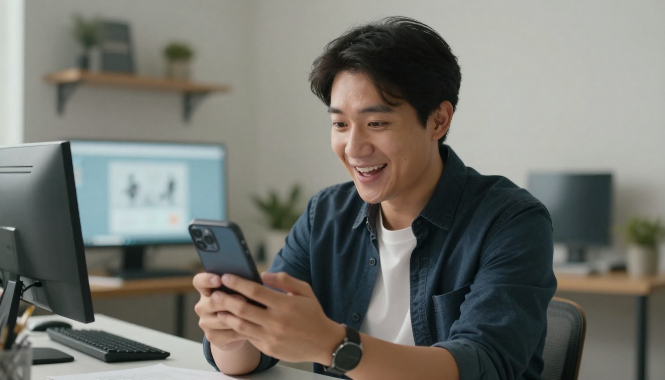 Male tech reviewer holding smartphone, professional home office background, enthusiastic expression, no text - ai ugc