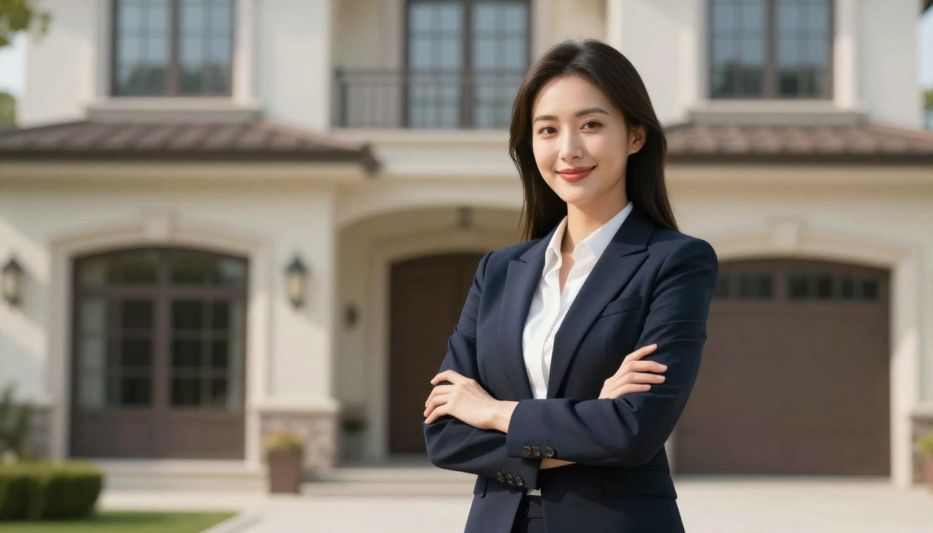 Real estate agent woman smiling in front of luxury house, professional attire, sunny day, confident pose - ai ugc