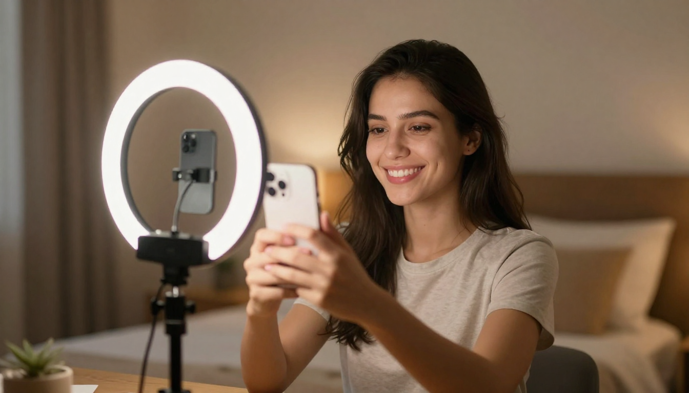 Lifestyle vlogger filming selfie video with ring light, cozy bedroom setup, warm tones, genuine smile - ai ugc