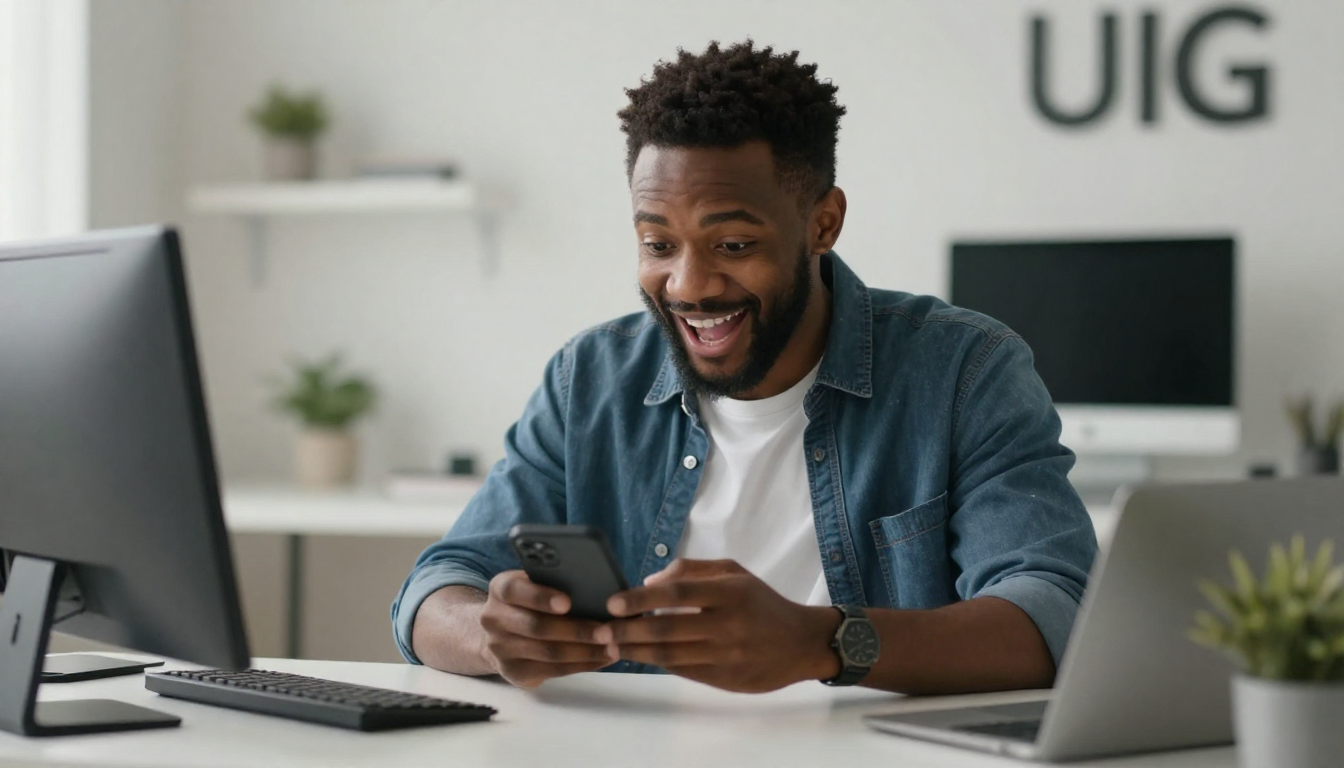 Black male tech enthusiast unboxing ugc video ads ai tool, clean desk setup, excited genuine reaction - ugc video ads ai