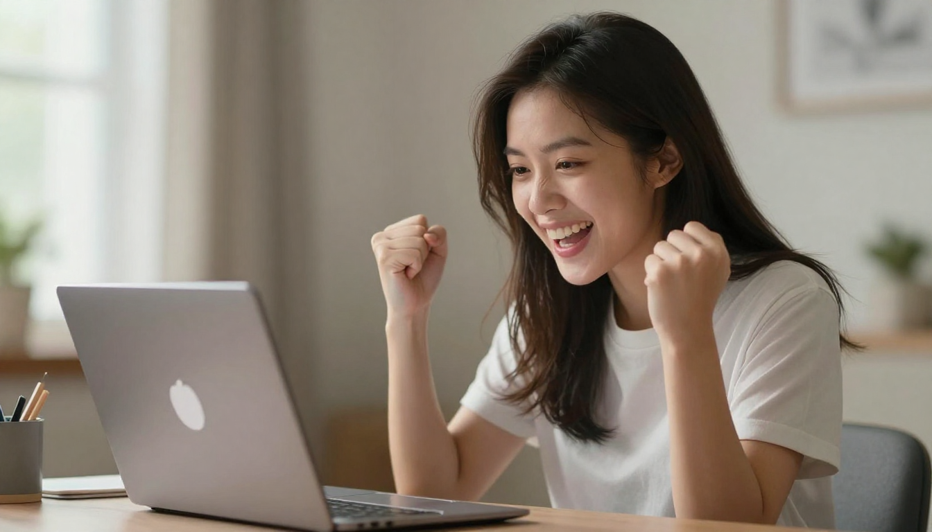 Young woman celebrating ugc video ads ai campaign success, laptop open with graphs, fist pump expression - ugc video ads ai