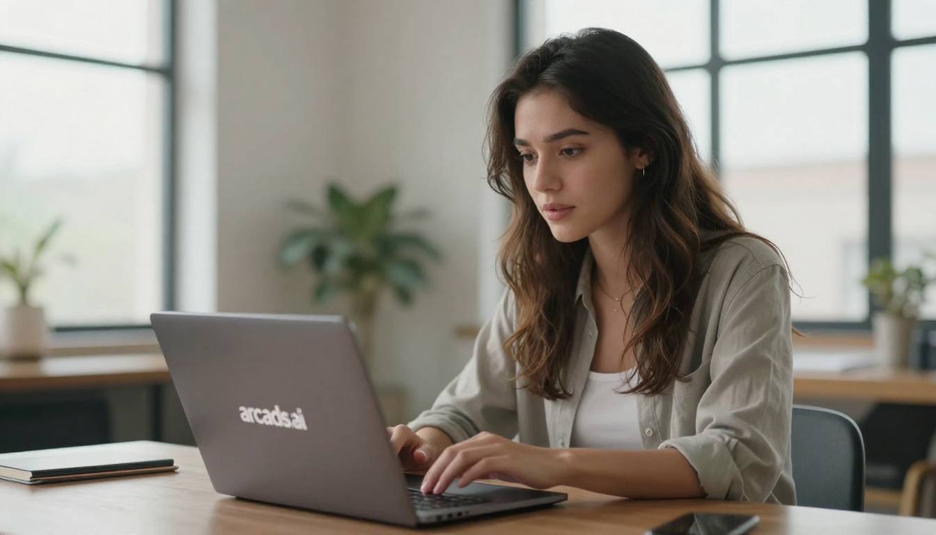 Young woman content creator reviewing arcads.ai pricing on laptop in a bright modern loft, natural window light, casual stylish outfit - arcads.ai pricing
