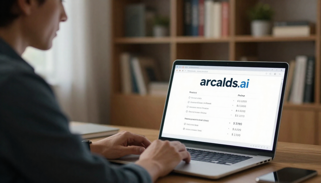 Middle-aged businessman evaluating arcads.ai pricing ROI on laptop, executive home office, bookshelf background - arcads.ai pricing