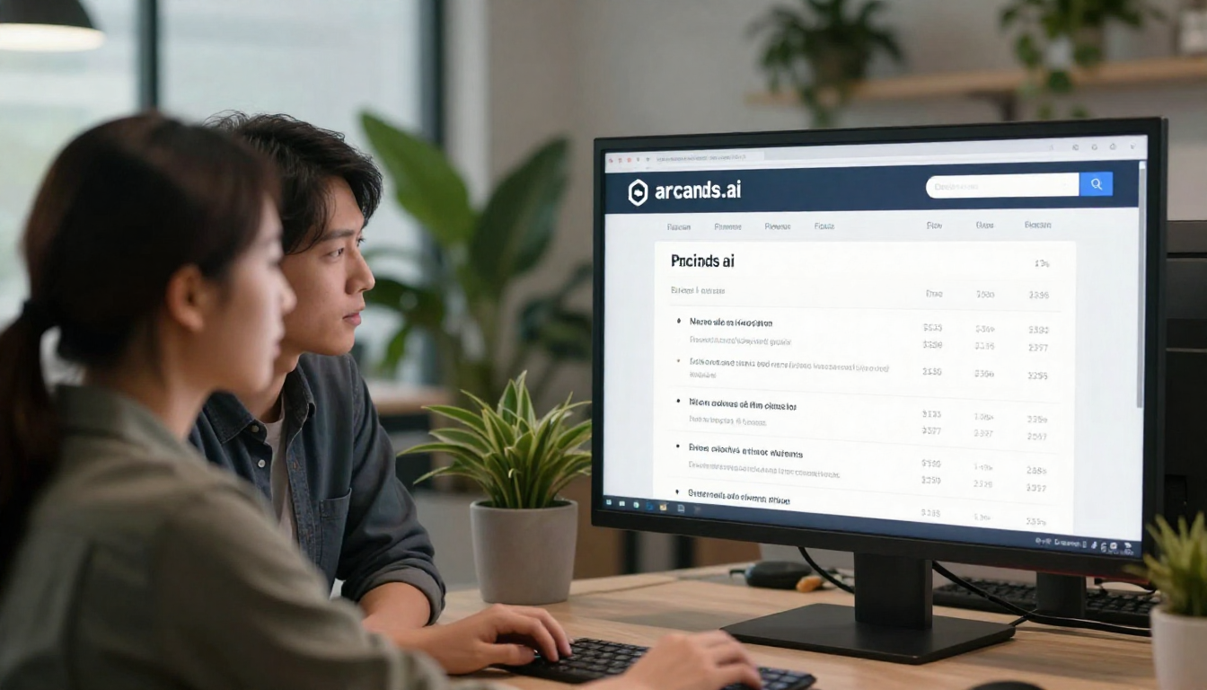 Creative team of two reviewing arcads.ai pricing output on shared screen, trendy office with plants - arcads.ai pricing