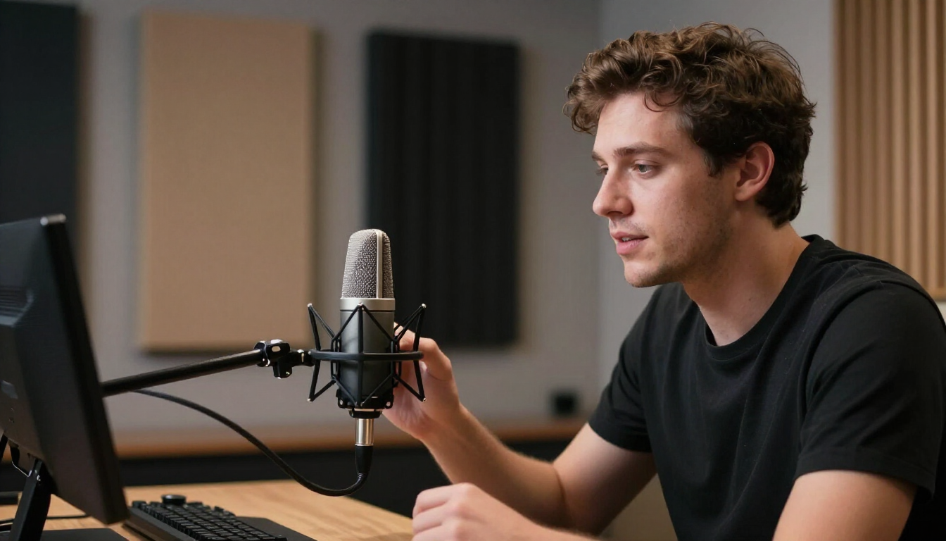 Male vlogger discussing ai actors trends, home studio with acoustic panels, professional microphone - ai actors