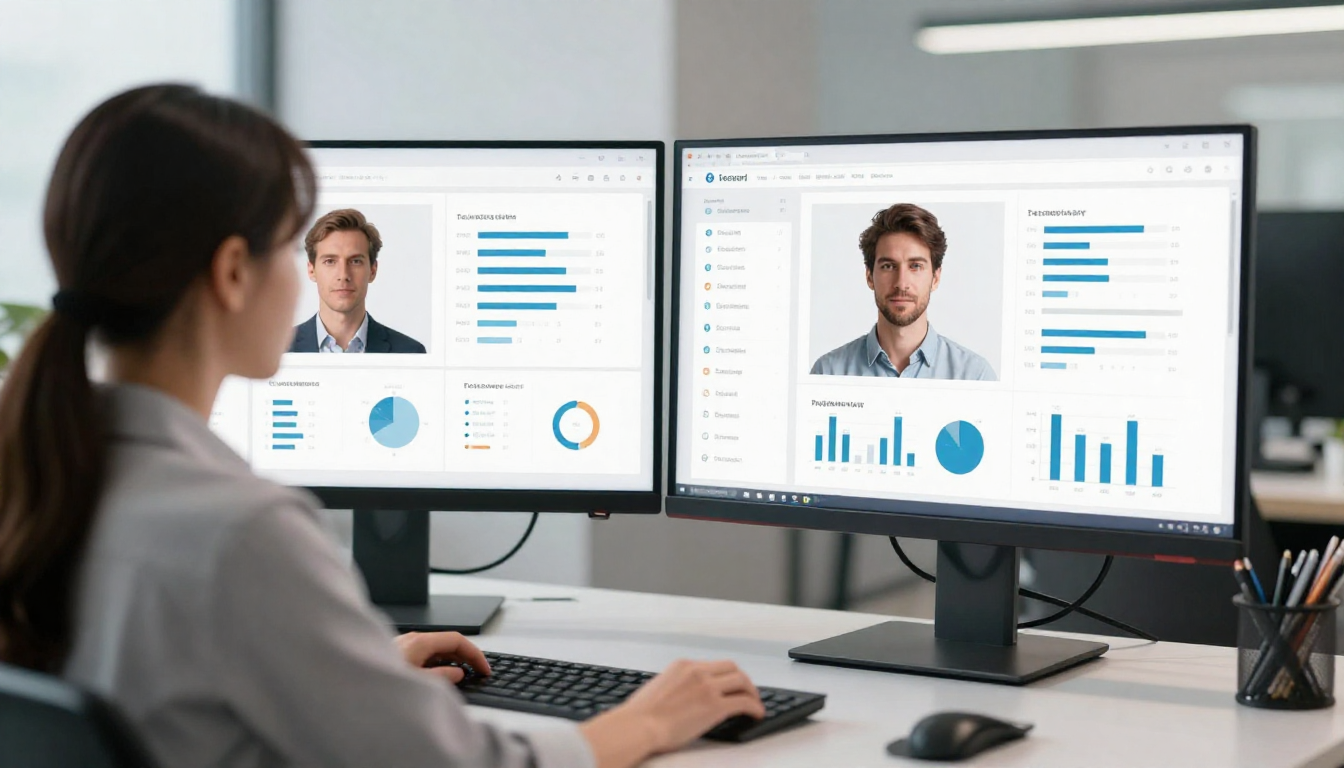 Female data analyst reviewing ai actors performance metrics, dual monitors, clean modern workspace - ai actors