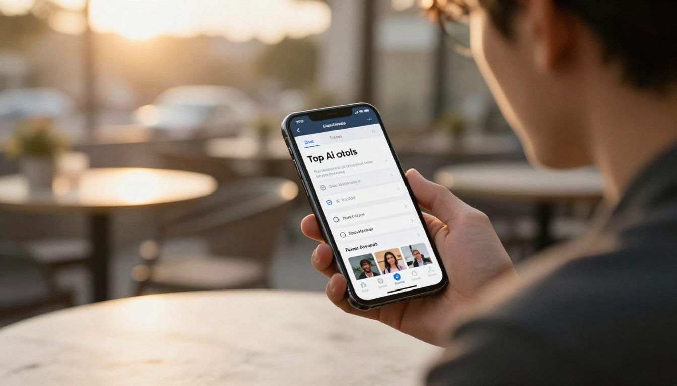 Male freelancer comparing top ai tools for generating ugc video content options on phone, outdoor cafe terrace, golden hour lighting - top ai tools for generating ugc video content