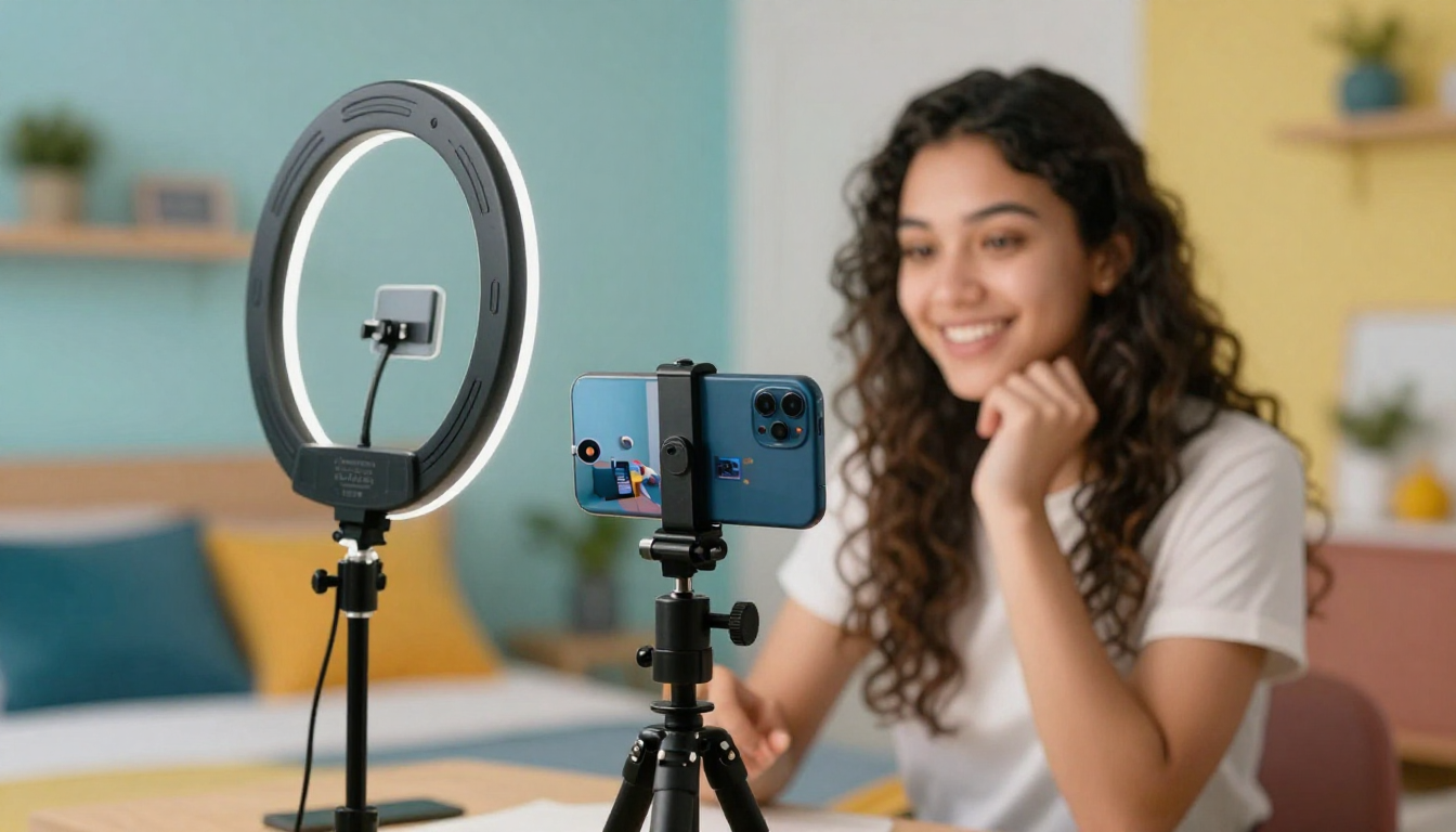 Gen Z influencer creating top ai tools for generating ugc video content content with smartphone on tripod, colorful bedroom setup, ring light - top ai tools for generating ugc video content