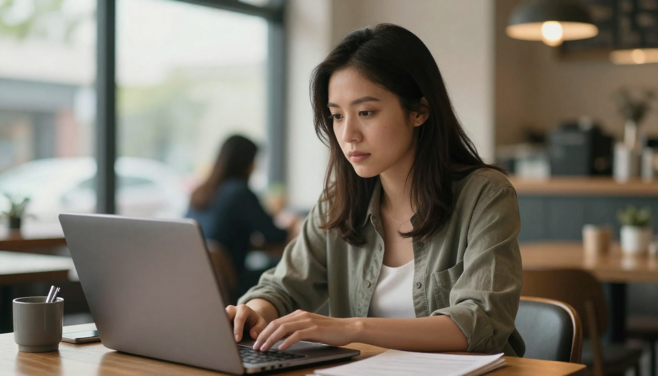 Female startup founder working on top ai tools for generating ugc video content project in trendy cafe, natural daylight, determined expression - top ai tools for generating ugc video content
