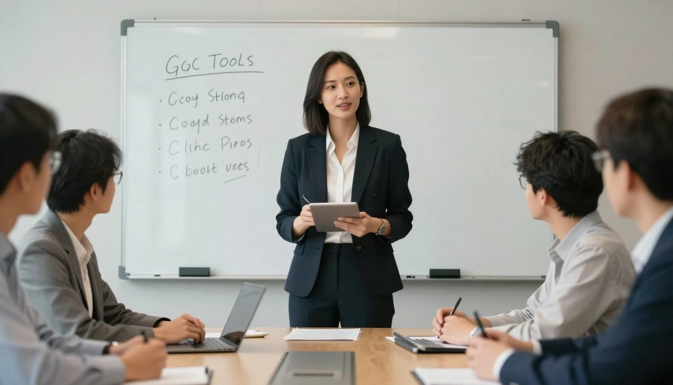 Professional woman presenting top ai tools for generating ugc video content results in team meeting, modern conference room, whiteboard behind - top ai tools for generating ugc video content