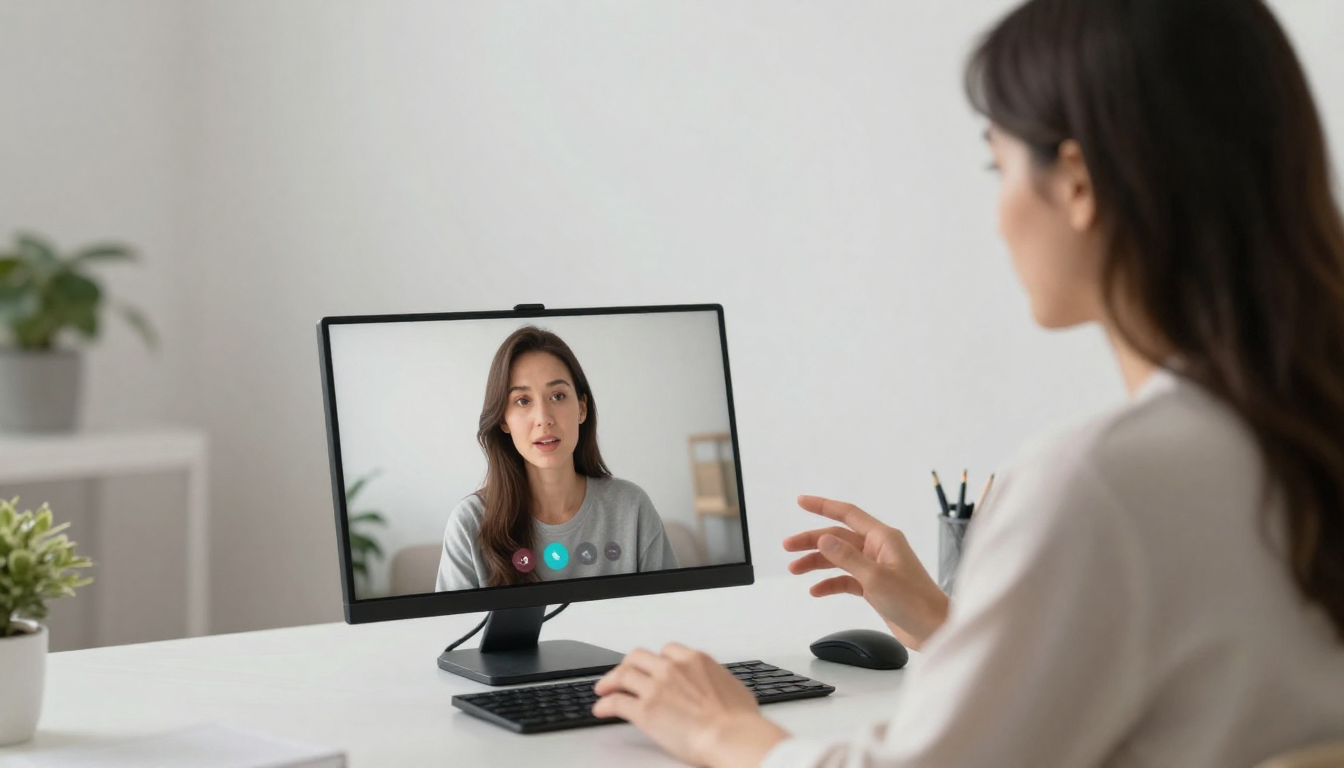 Woman in her 30s discussing ai advertisement on video call in minimalist Scandinavian office, soft lighting - ai advertisement