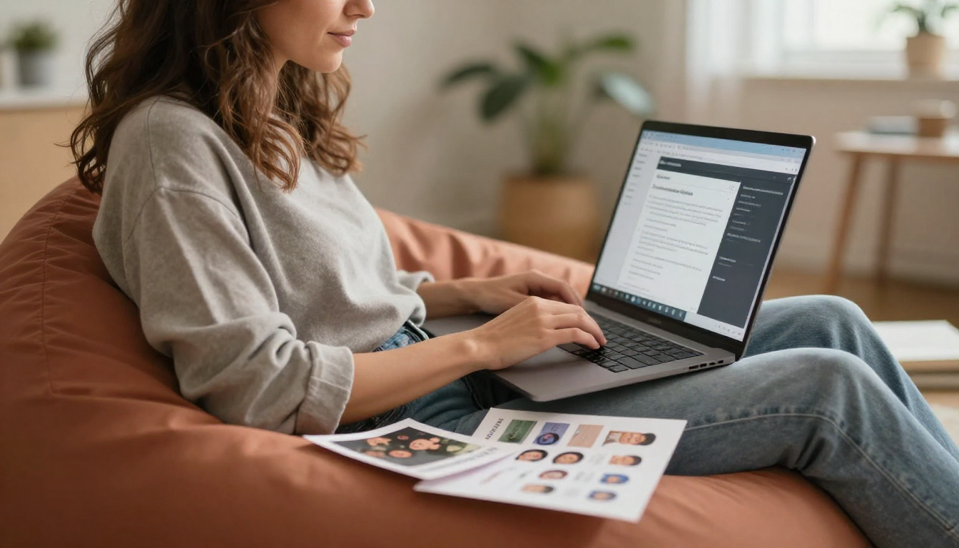 Female social media manager scheduling arcards campaigns, laptop in beanbag chair, casual creative vibe - arcards