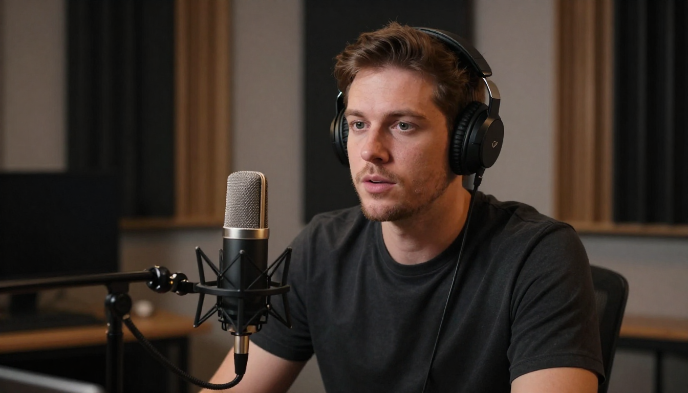 Male vlogger discussing arcards trends, home studio with acoustic panels, professional microphone - arcards