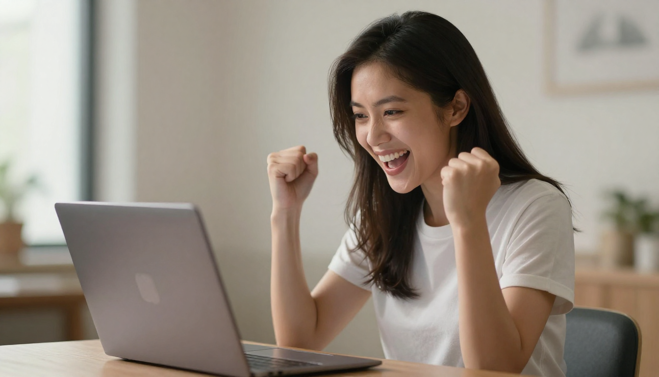 Young woman celebrating arcards campaign success, laptop open with graphs, fist pump expression - arcards