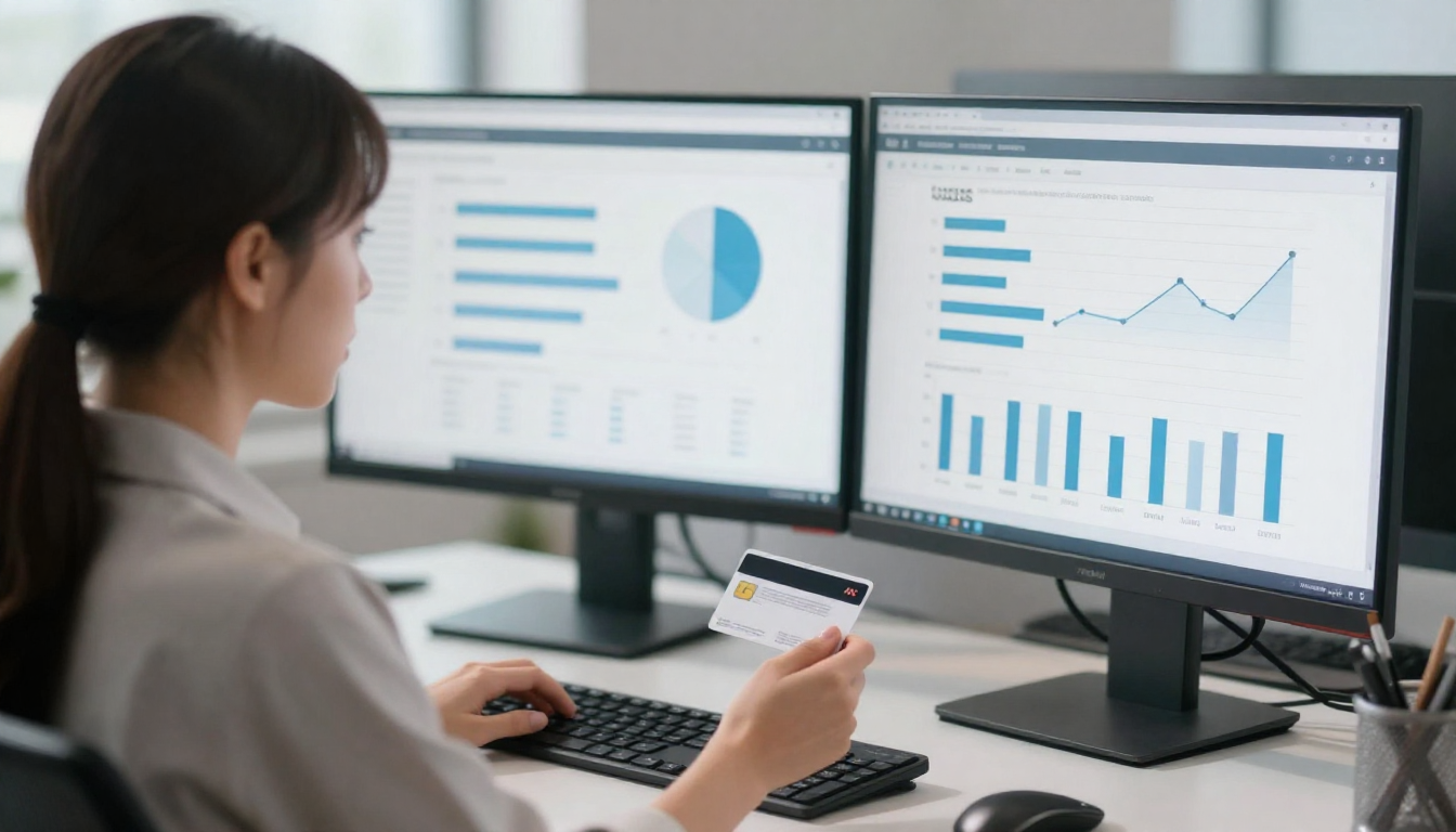 Female data analyst reviewing arcards performance metrics, dual monitors, clean modern workspace - arcards