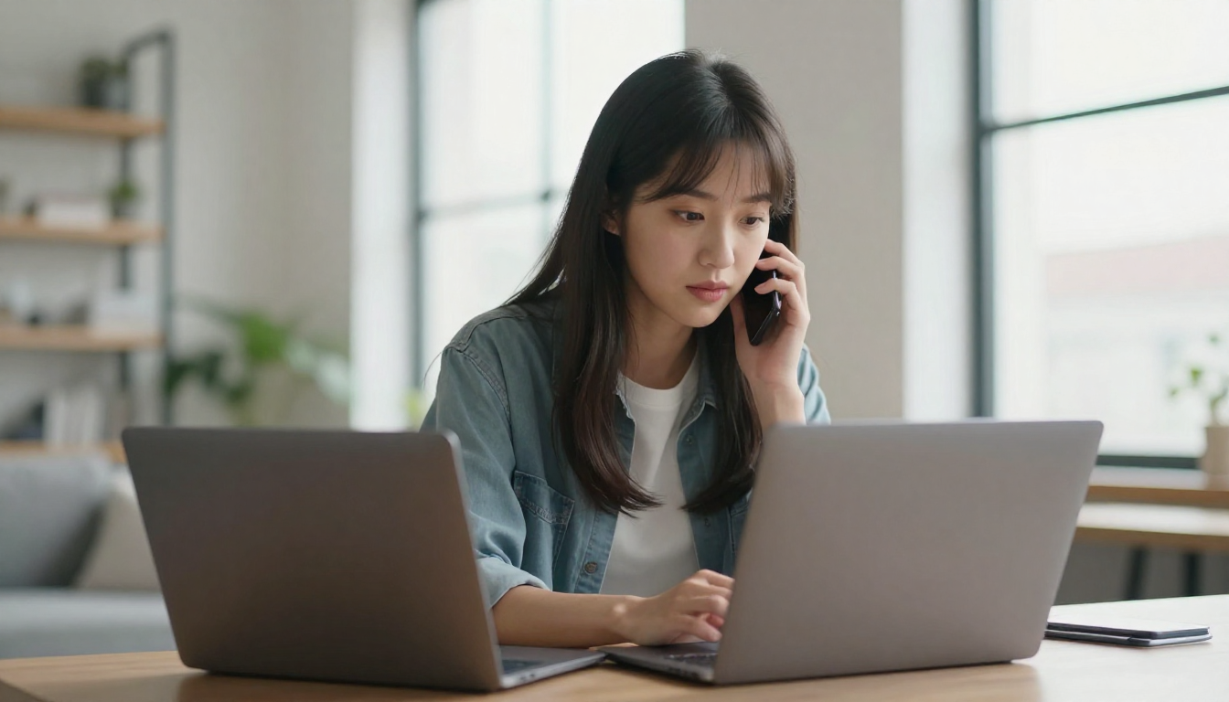 Young woman content creator reviewing arcards on laptop in a bright modern loft, natural window light, casual stylish outfit - arcards